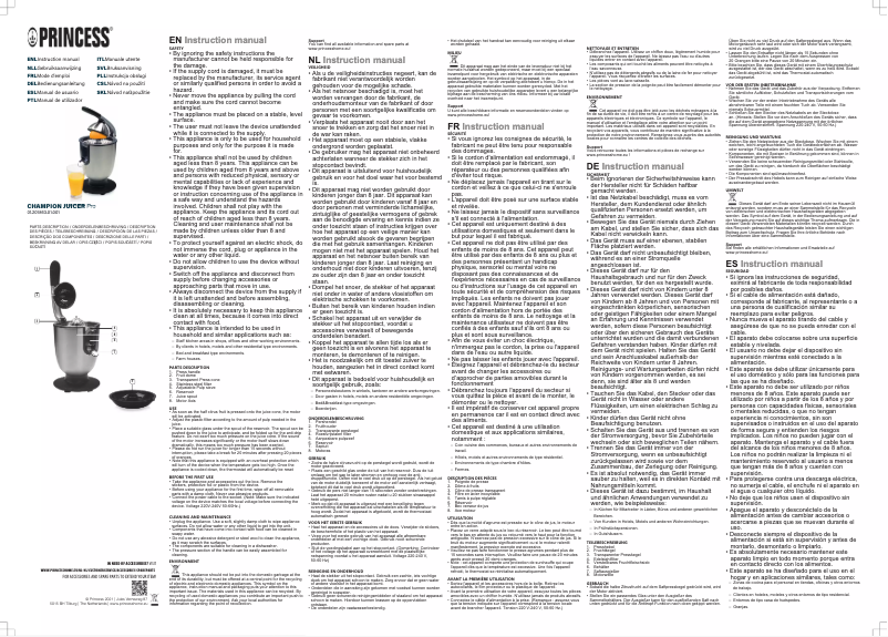 Página 1 del manual Manual de usuario Princess Champion Juicer Pro 201863