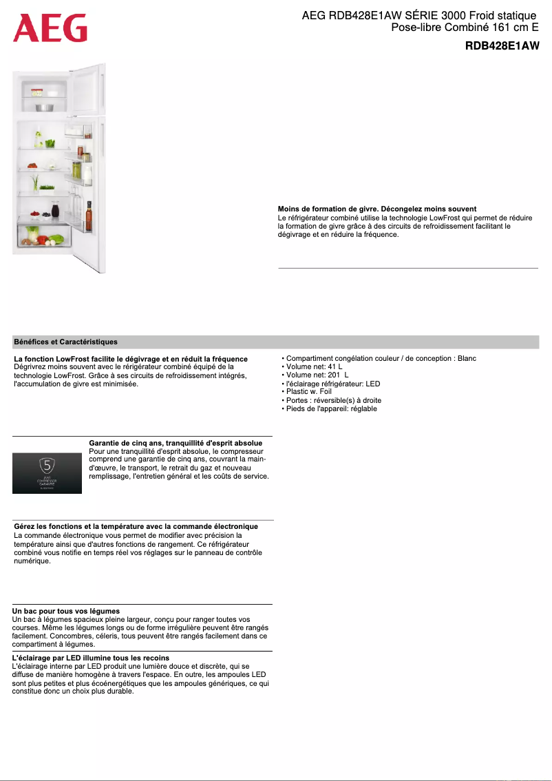 Page 1 de la notice Fiche technique AEG RDB428E1AW