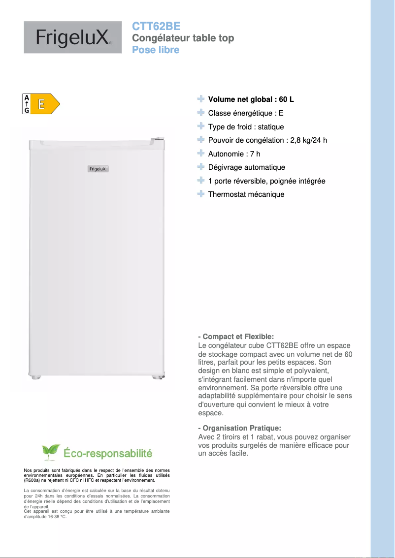 Page 1 de la notice Fiche technique FrigeluX CTT62BE