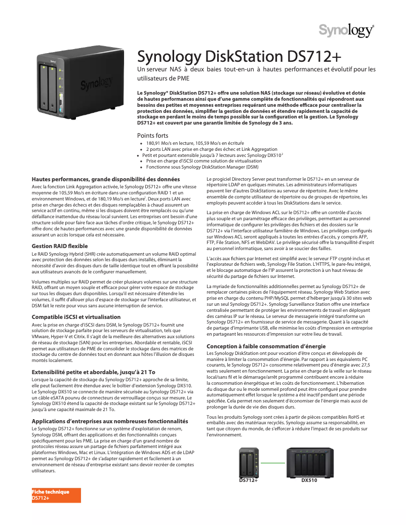 Page 1 de la notice Fiche technique Synology DS712+