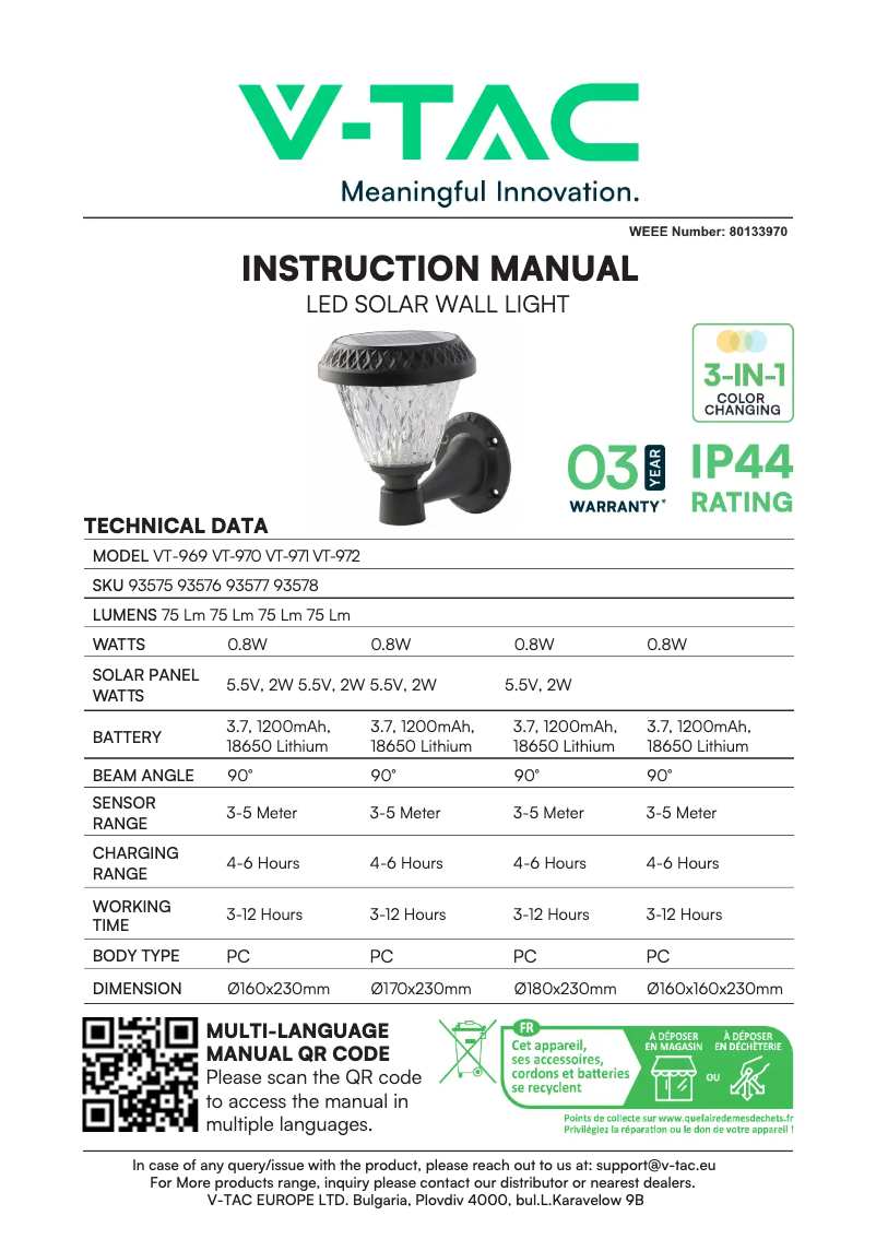 Page 1 de la notice Manuel utilisateur V-TAC VT-969