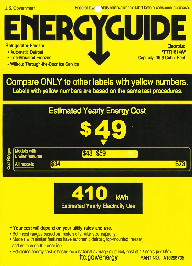 Page 1 de la notice Label énergétique Frigidaire FFTR1814WB