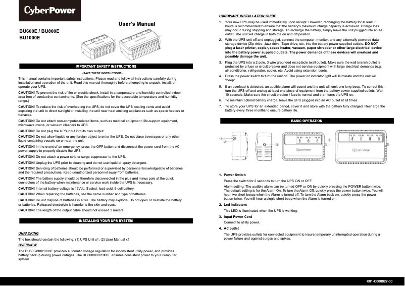 Page n°1 - Manuel utilisateur CyberPower BU800E