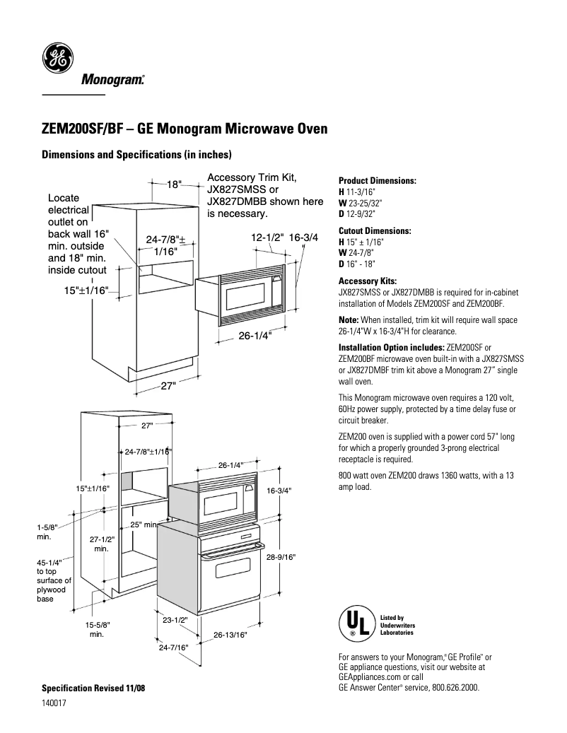 Page n°1 - Fiche technique GE ZEM200WF