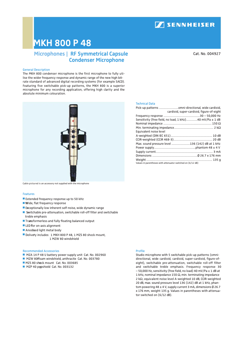 Page n°1 - Fiche technique Sennheiser MKH 800 P48