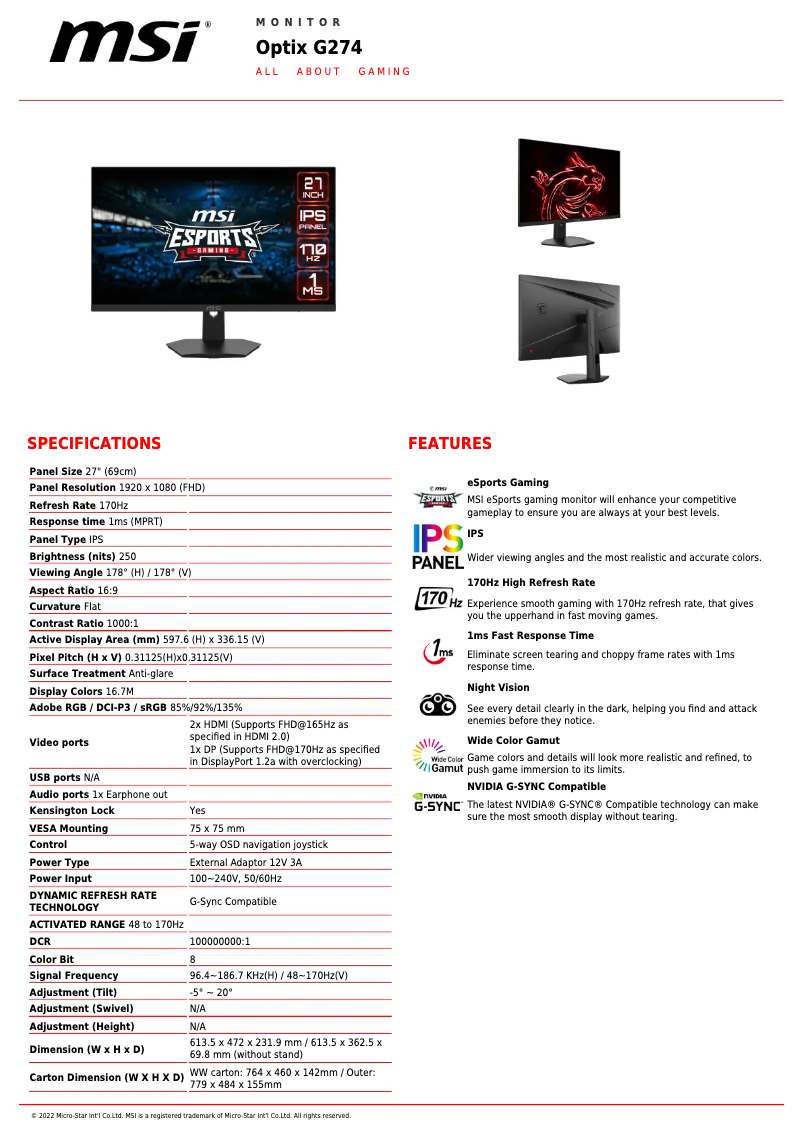 Page 1 de la notice Fiche technique MSI Optix G274