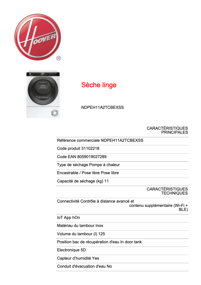 Página 1 del manual Ficha técnica Hoover H-DRY 500 NDPEH11A2TCBEXSS