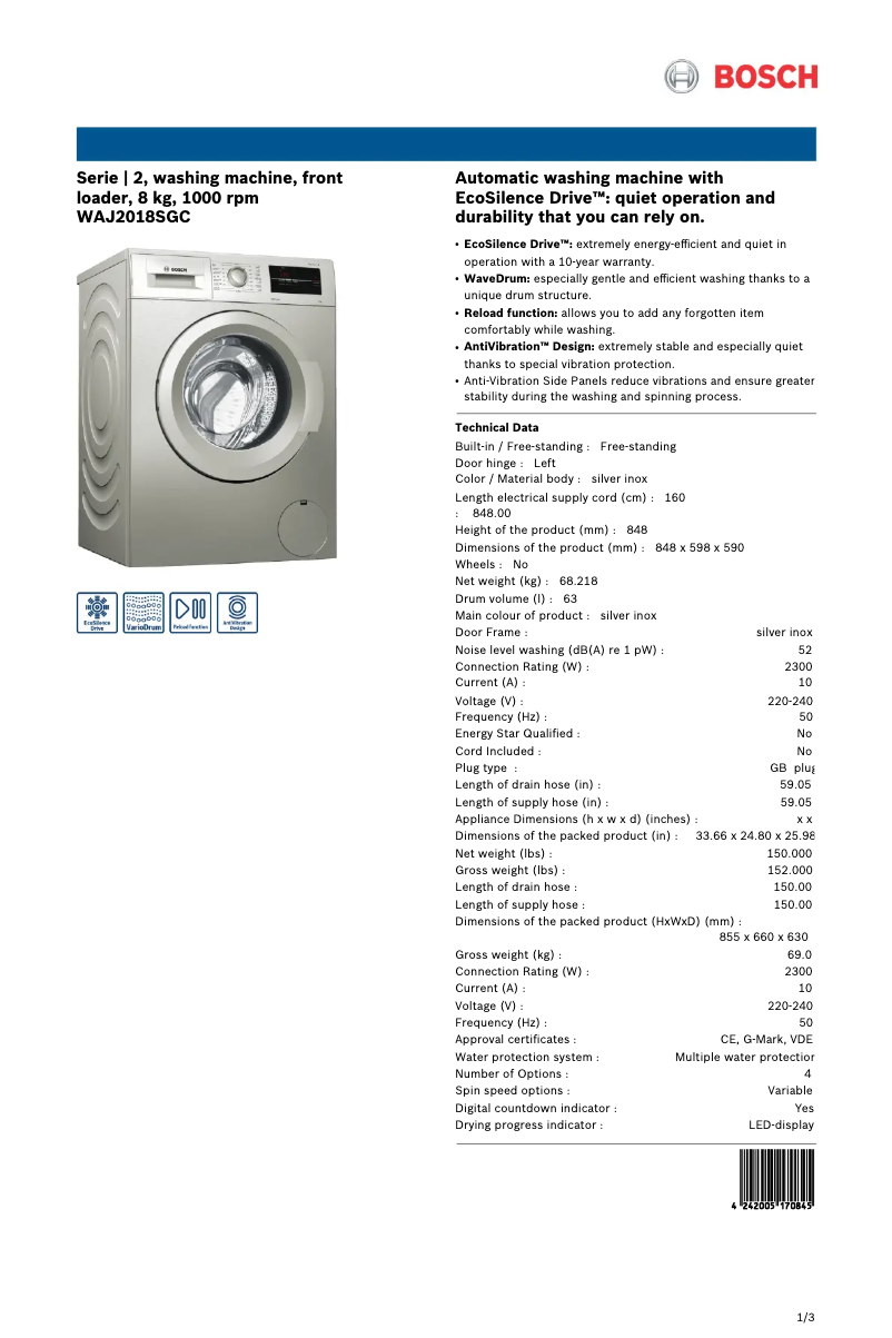 Page n°1 - Fiche technique Bosch WAJ2018SGC