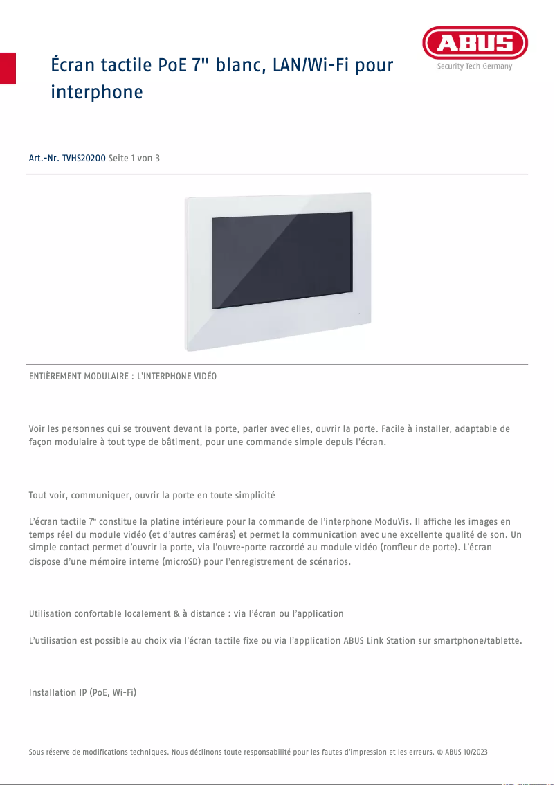 Page 1 de la notice Fiche technique Abus TVHS20200