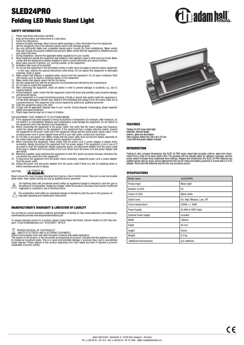 Page 1 de la notice Manuel utilisateur Adam Hall SLED 24 Pro