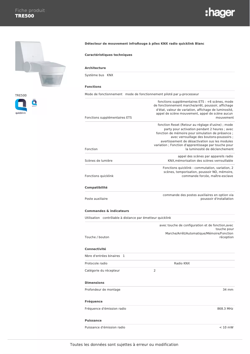 Page 1 de la notice Fiche technique Hager TRE500