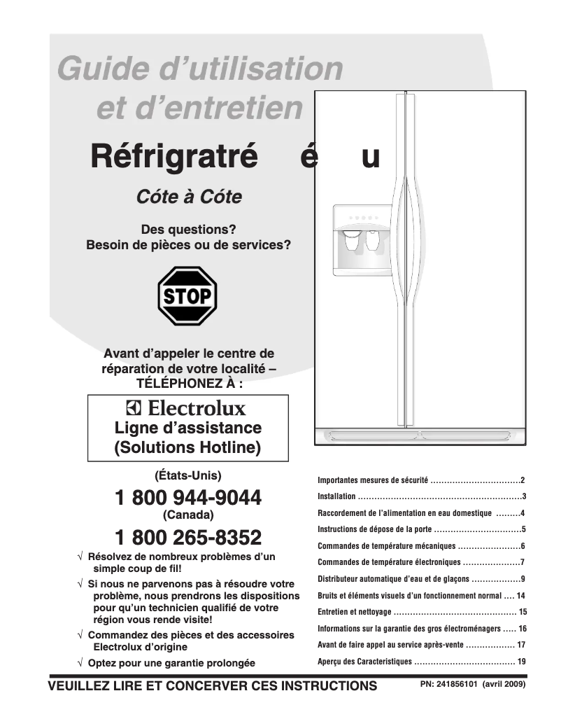 Page 1 de la notice Manuel utilisateur Frigidaire FRS6HR35KM