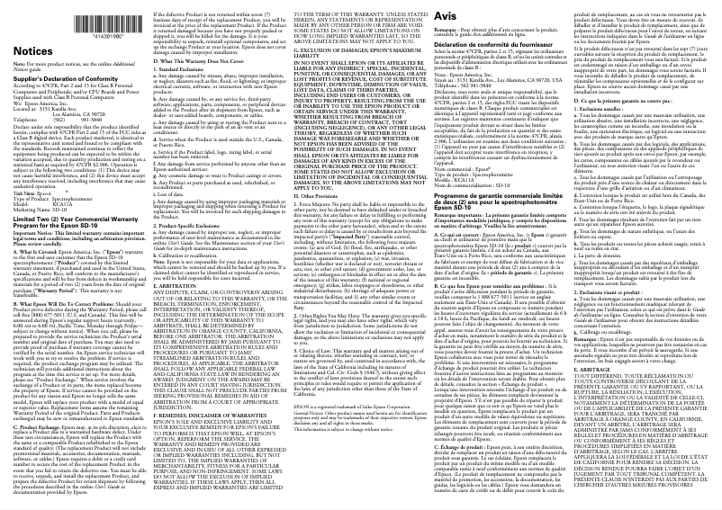 Page 1 de la notice Informations de garantie Epson SD-10