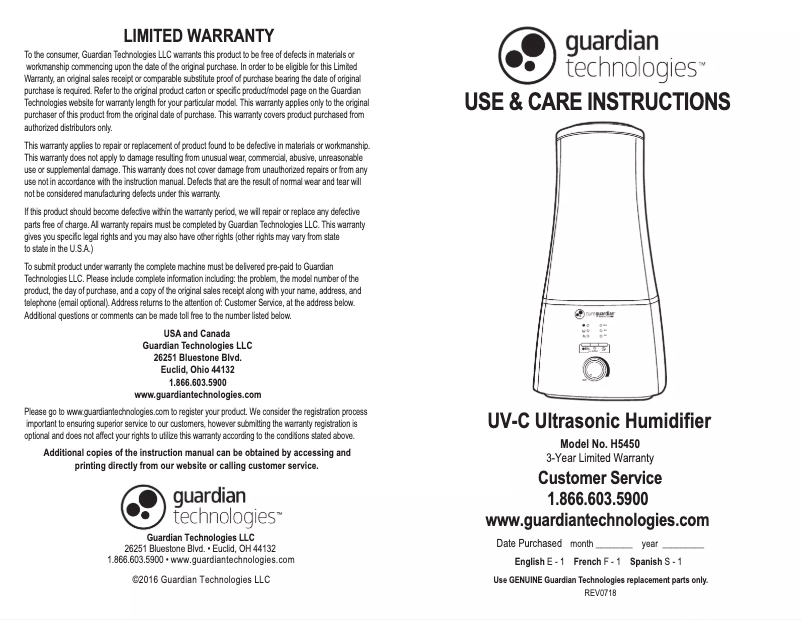 Page n°1 - Manuel utilisateur PureGuardian H5450BCA