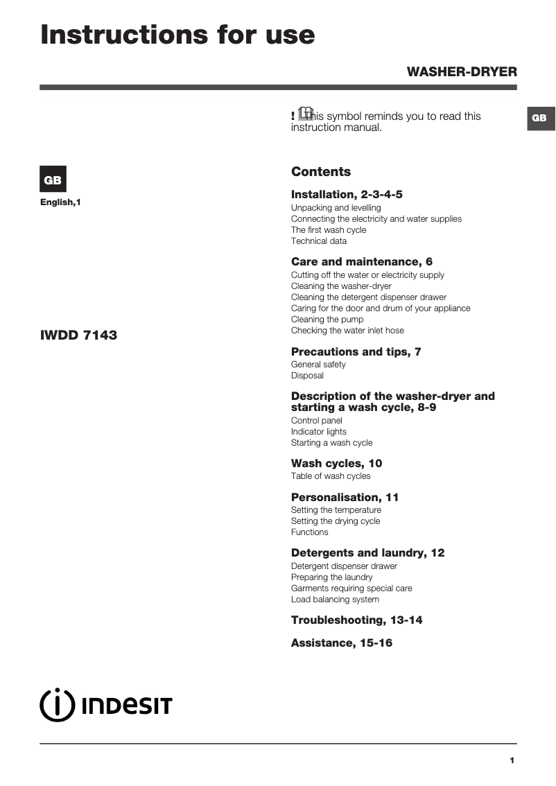 Page 1 de la notice Mode d'emploi Indesit IWDD 7143 (UK)