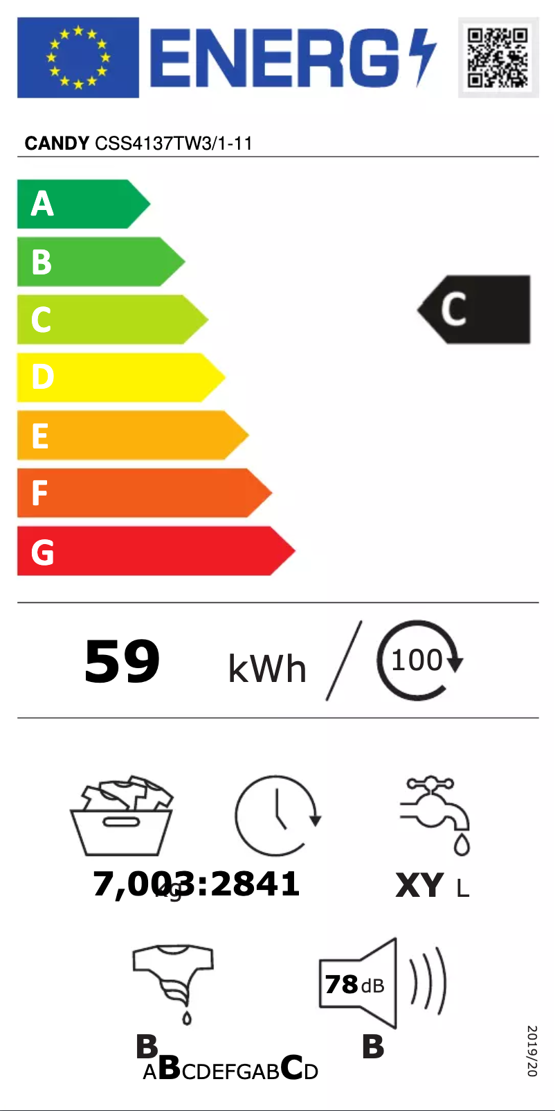 Page n°1 - Label énergétique Candy CSS4137TW3/1-11