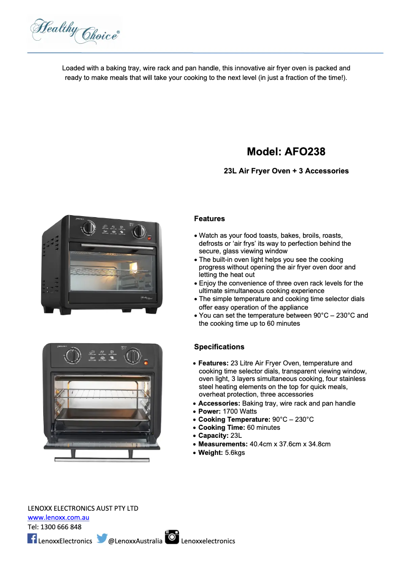 Page 1 de la notice Fiche technique Lenoxx Healthy Choice AFO238