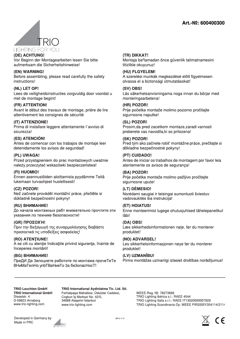 Page n°1 - Manuel utilisateur Trio Lighting Colina 600400300