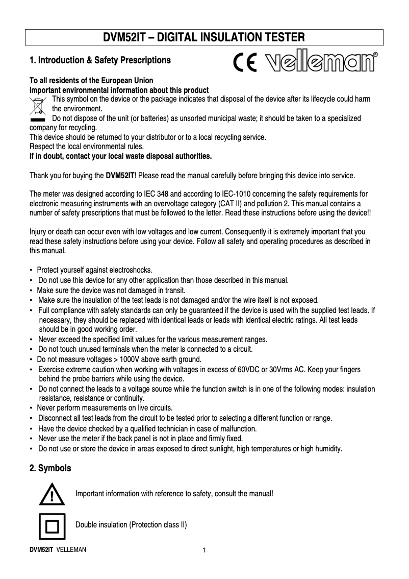 Page 1 de la notice Manuel utilisateur Velleman DVM52IT