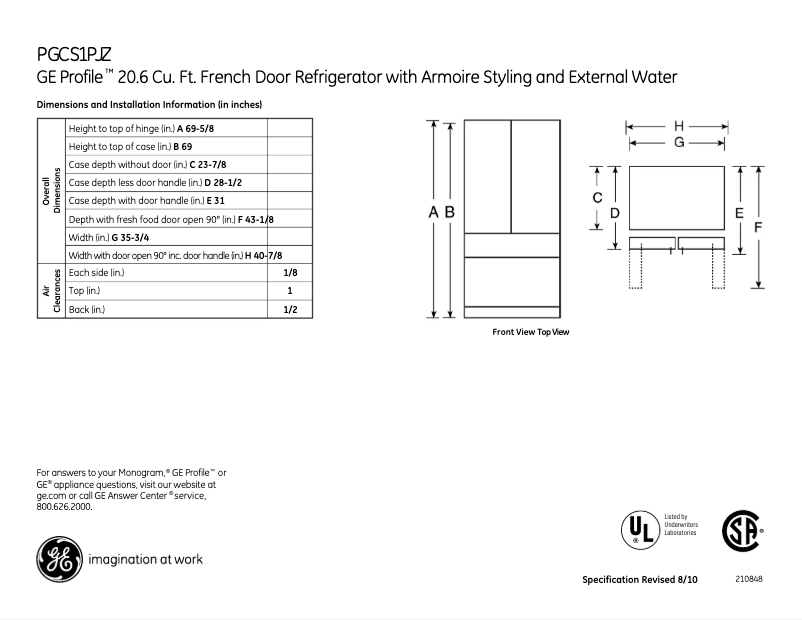 Page 1 of the manual Technical Sheet GE PGCS1PJZSS