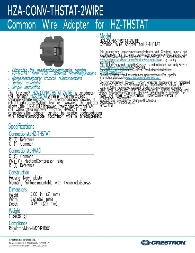 Page n°1 - Fiche technique Crestron HZA-CONV-THSTAT-2WIRE