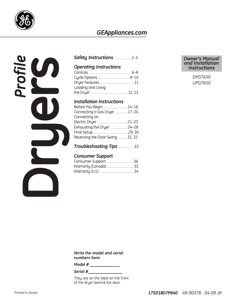 Image de la première page du manuel de l'appareil Profile DPGT650EHWW