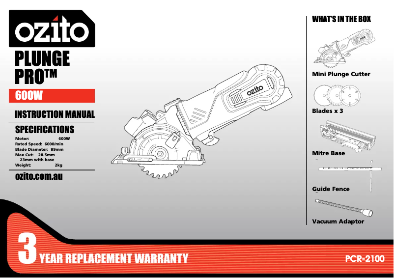 Page 1 de la notice Manuel utilisateur Ozito PCR-2100