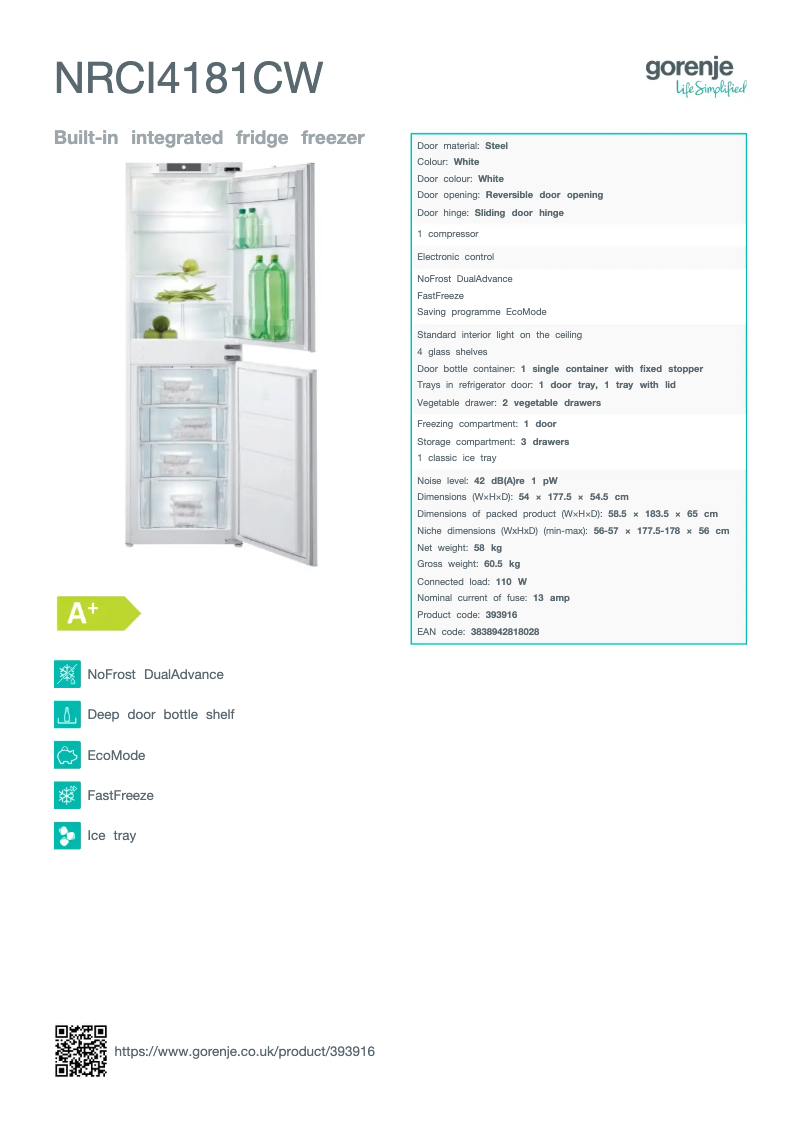 Page n°1 - Fiche technique Gorenje NRCI4181CW