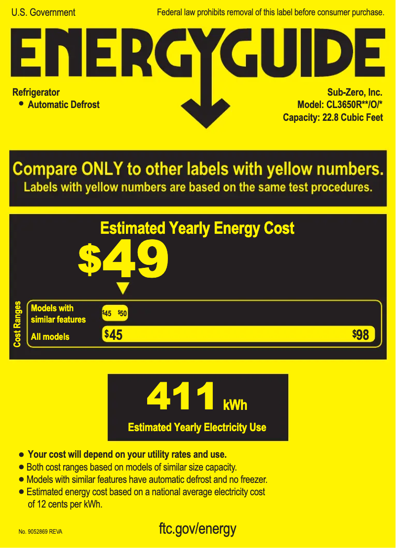 Page 1 de la notice Label énergétique Sub-Zero CL3650O