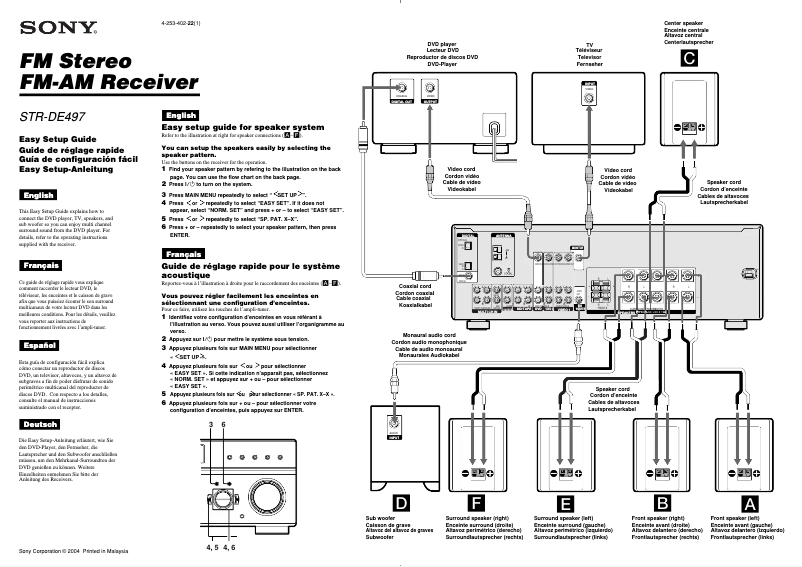 Page 1 de la notice Guide d'installation Sony STR-DE497
