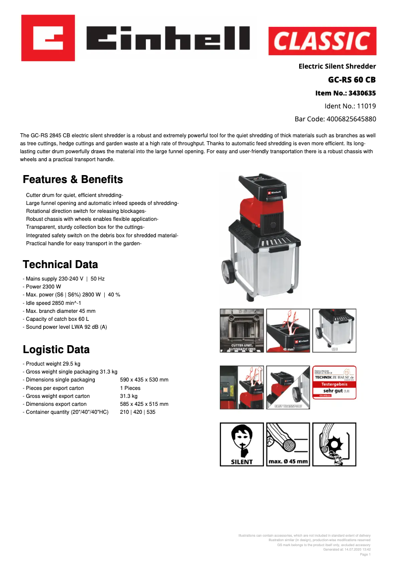 Page 1 de la notice Fiche technique Einhell GC-RS 60 CB