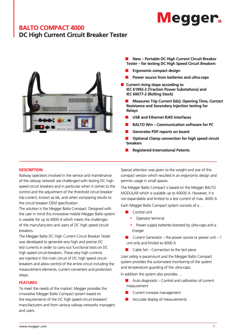 Page 1 de la notice Fiche technique Megger BALTO Compact