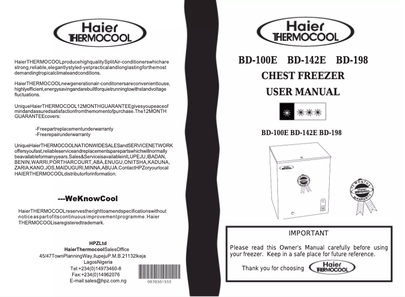 Page n°1 - Manuel utilisateur Haier-Thermocool BD-142E