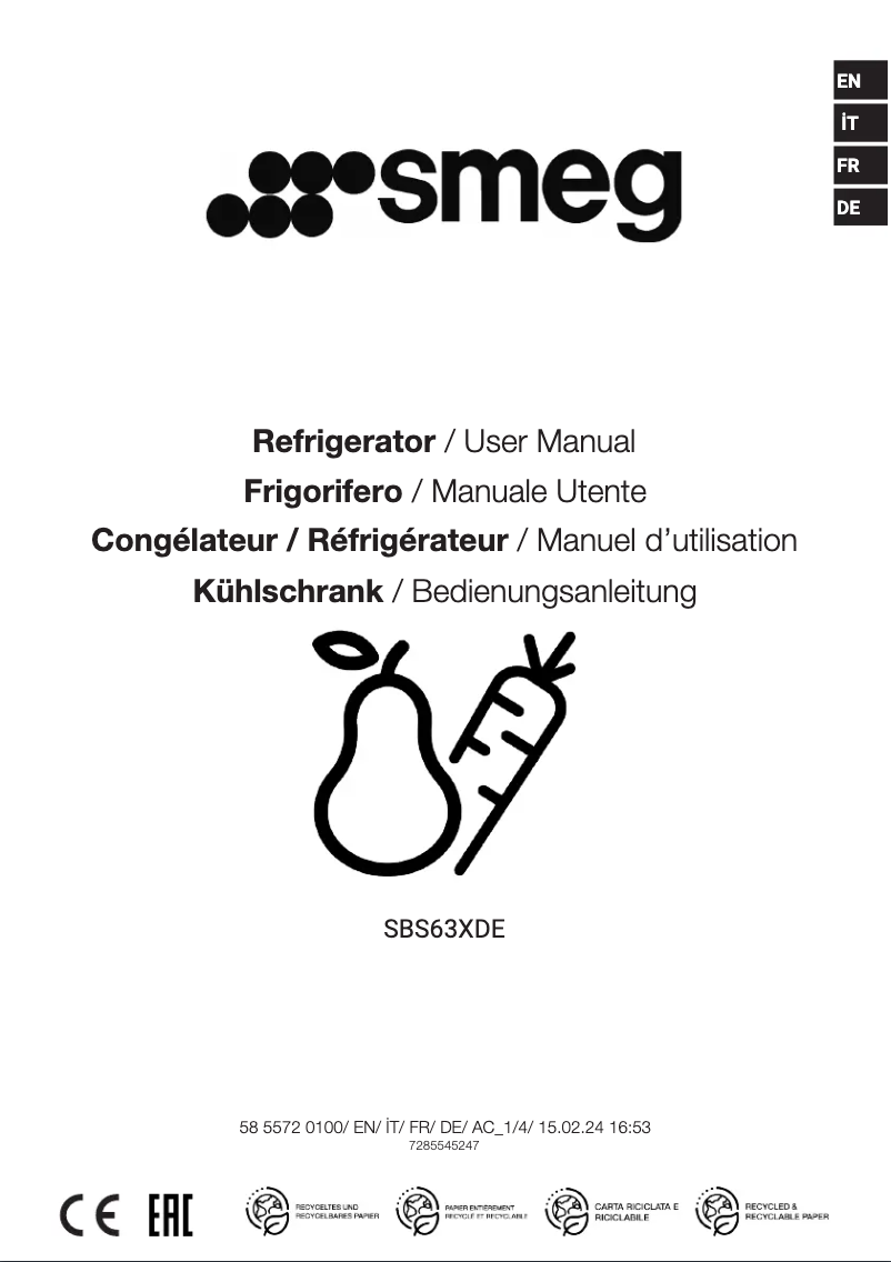 Page 1 de la notice Manuel utilisateur Smeg SBS63XDE