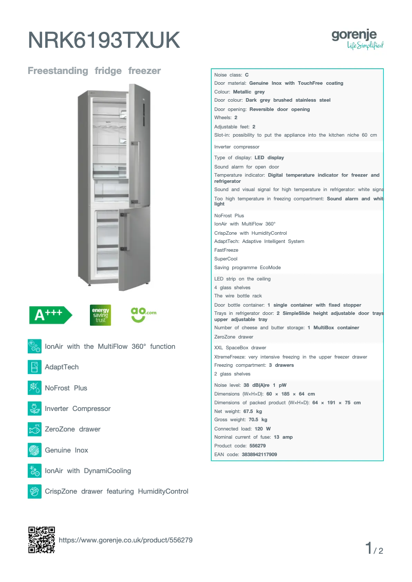 Page n°1 - Fiche technique Gorenje NRK6193TXUK