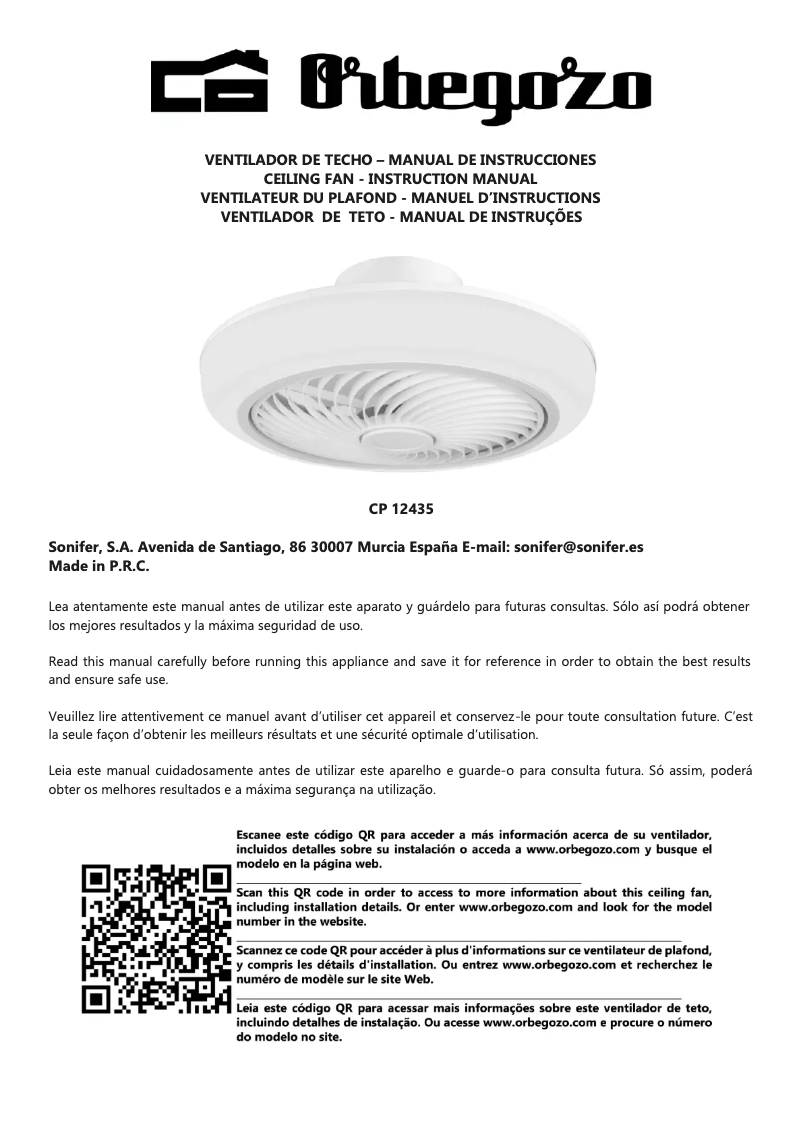 Page 1 de la notice Manuel utilisateur Orbegozo CP 12435