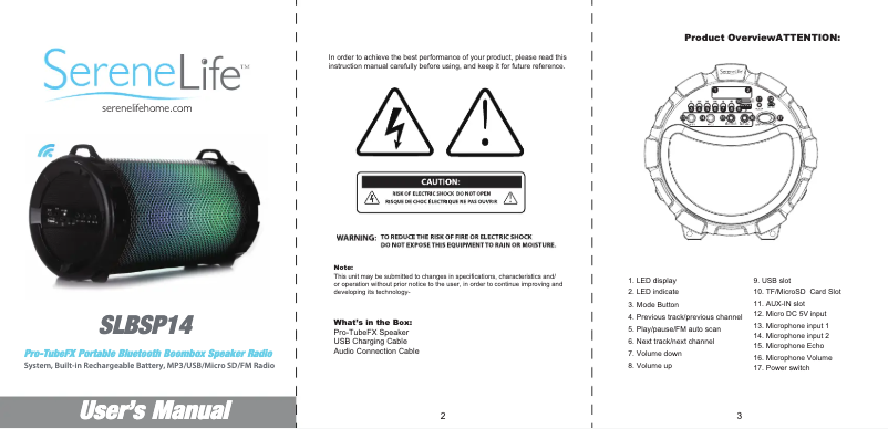 Page n°1 - Manuel utilisateur SereneLife AZSLBSP14