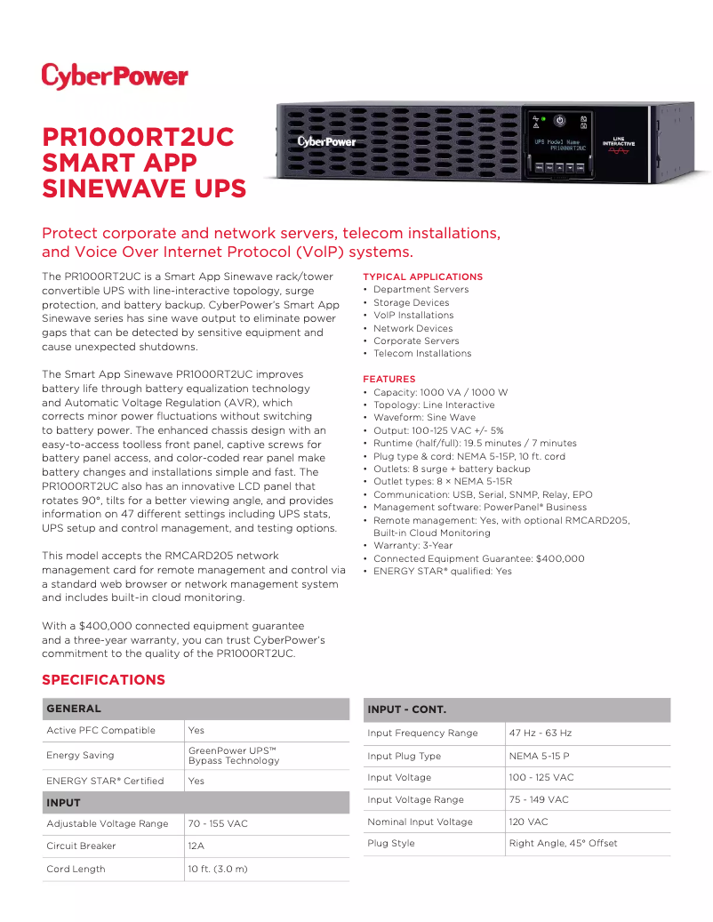 Page n°1 - Fiche technique CyberPower PR1000RT2UC