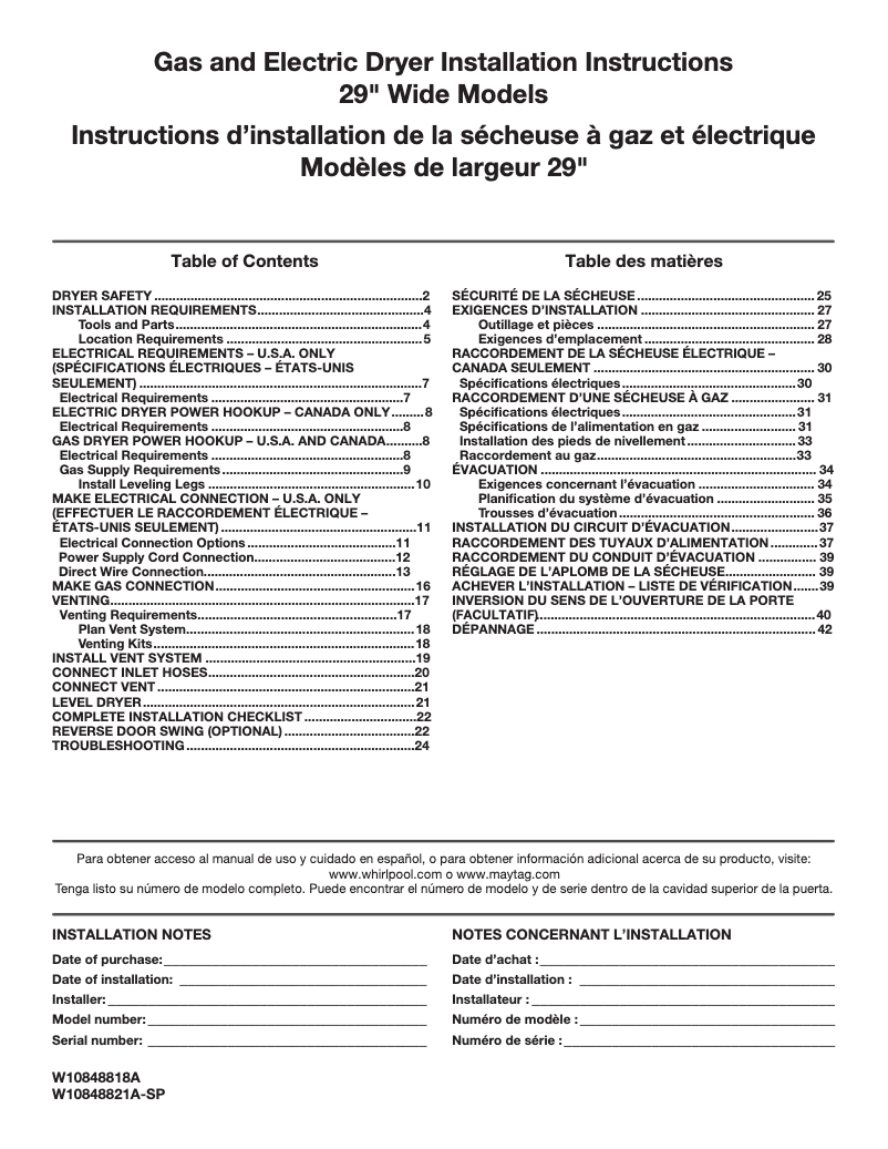 Page 1 de la notice Guide d'installation Whirlpool WED49STBW