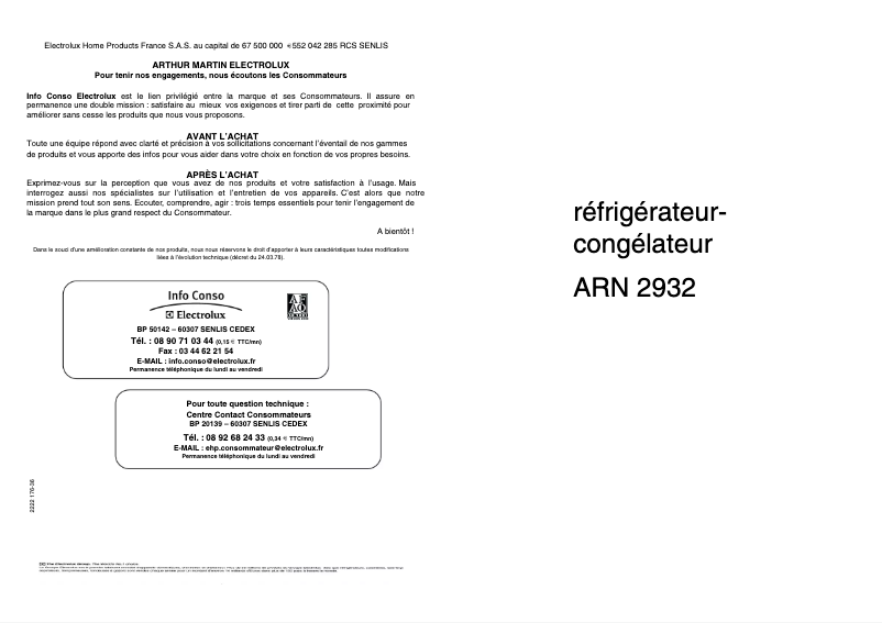 Page 1 de la notice Manuel utilisateur Arthur Martin-Electrolux ARN2932