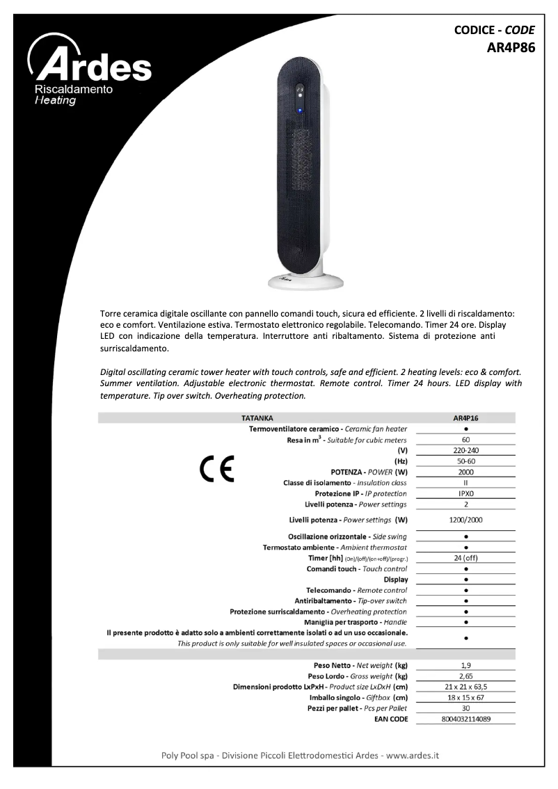 Page 1 de la notice Fiche technique Ardes AR4P16