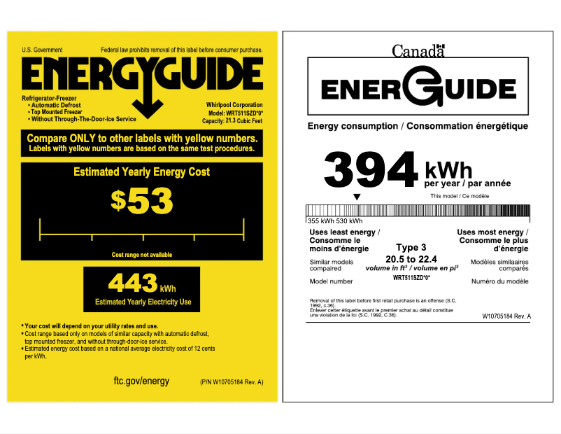 Page 1 de la notice Label énergétique Whirlpool WRT511SZD