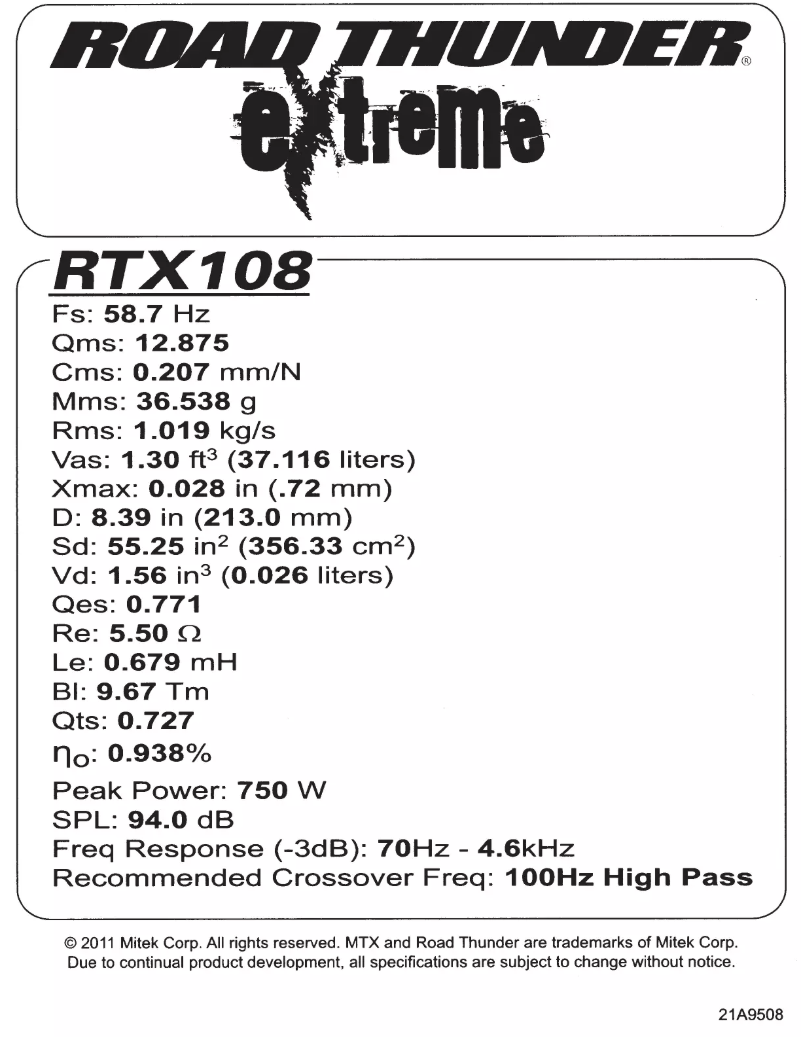 Image de la première page du manuel de l'appareil Road Thunder Extreme RTX108