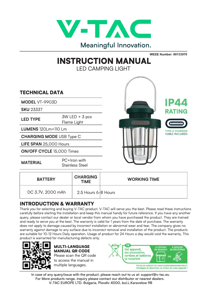 Page 1 de la notice Manuel utilisateur V-TAC VT-9903D