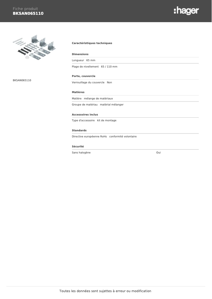 Page n°1 - Fiche technique Hager BKSAN065110