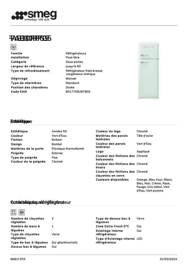 Page n°1 - Fiche technique Smeg FAB30RPG5