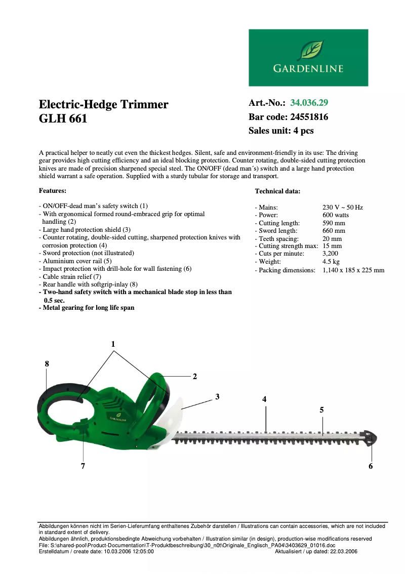Page n°1 - Fiche technique Gardenline GLH 661