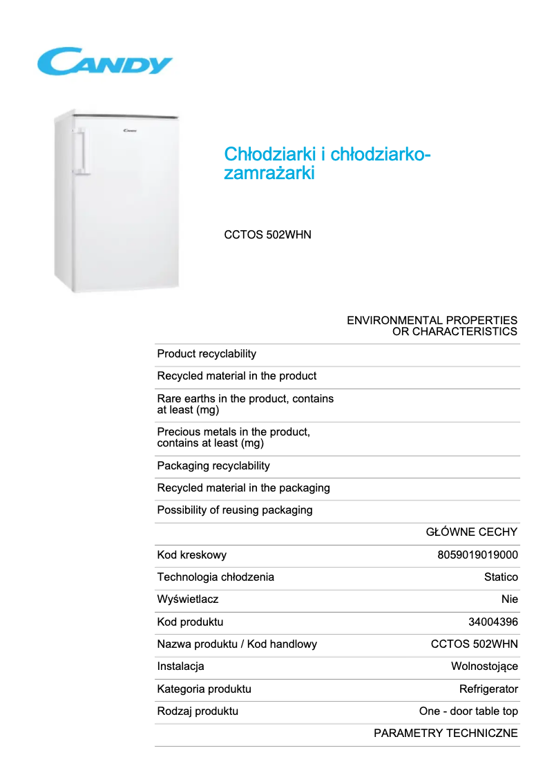 Page 1 de la notice Fiche technique Candy CCTOS 502WHN
