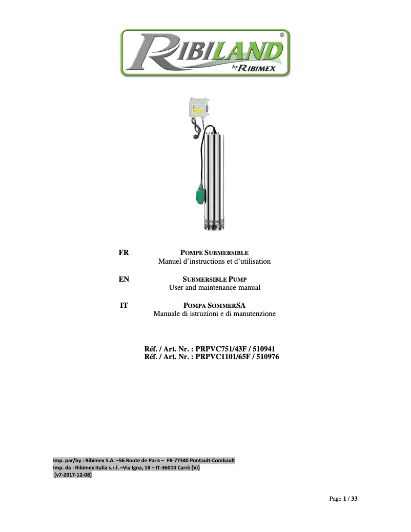 Image de la première page du manuel de l'appareil Ribiland PRPVC1101/65F
