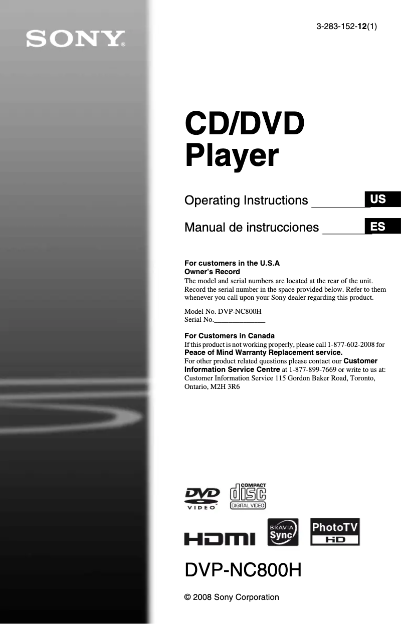 Page n°1 - Manuel utilisateur Sony DVP-NC800H